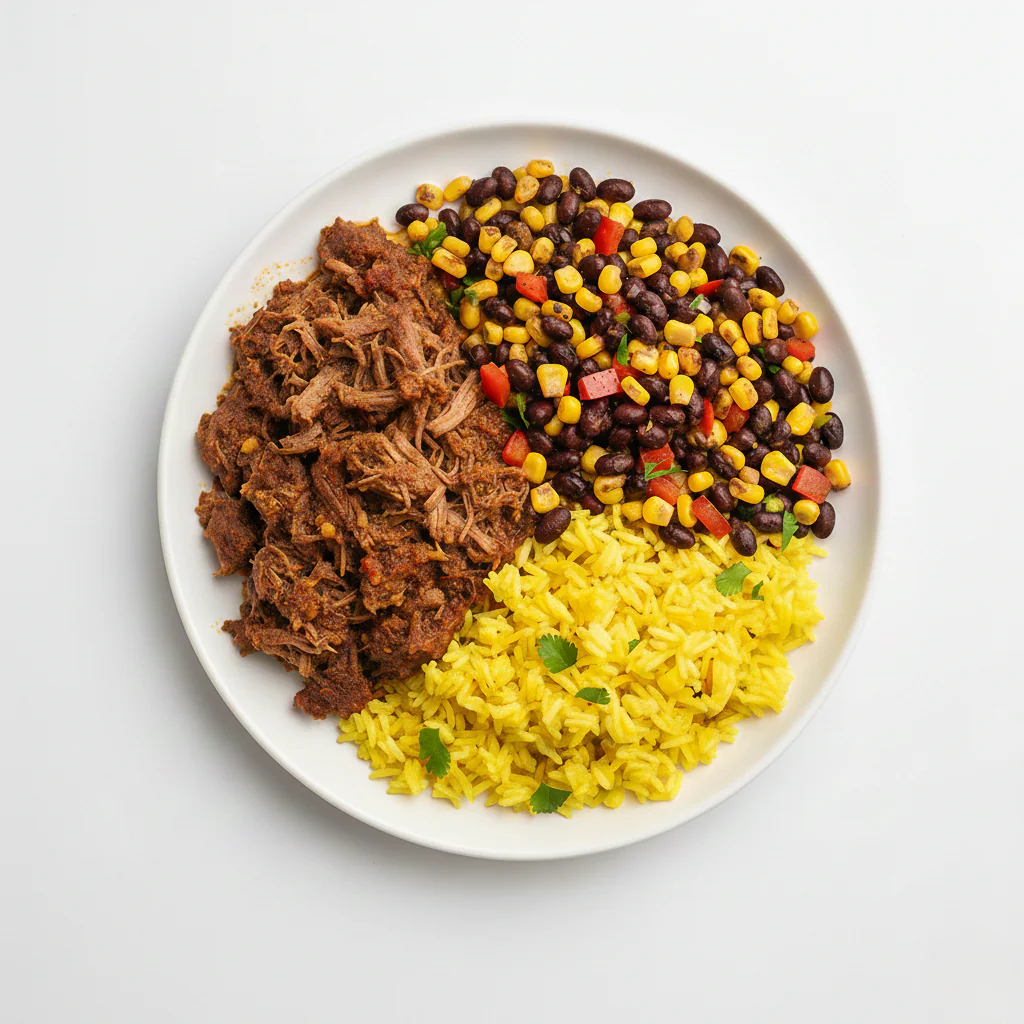 Beef Barbacoa Bowl with Roasted Corn, and Black Beans